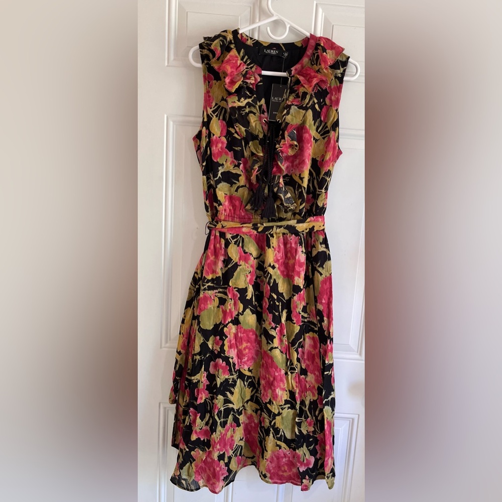 NWT Ralph Lauren Floral Crinkle Georgette Dress Size 10 Ruffle Midi Lined Preppy